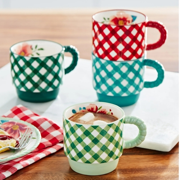 🎁 New Pioneer Woman Merry Meadow Gingham 5-Piece Stacking Mugs with Rack - Picture 3 of 11